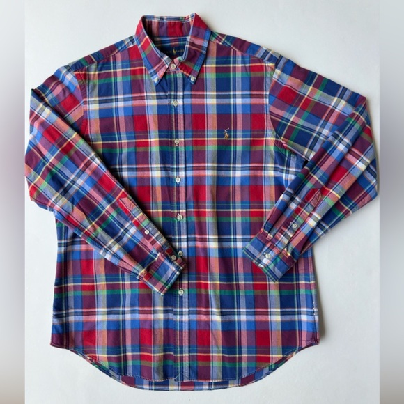 POLO Ralph Lauren Button Down Shirt Checked Plaid Woven Cotton Logo Men’s Size L - Picture 1 of 13